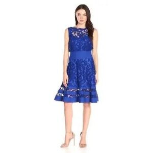 Tadashi‎ Shoji Royal Blue Embroidery Lace Fit Flare Blouson Dress 10Petite